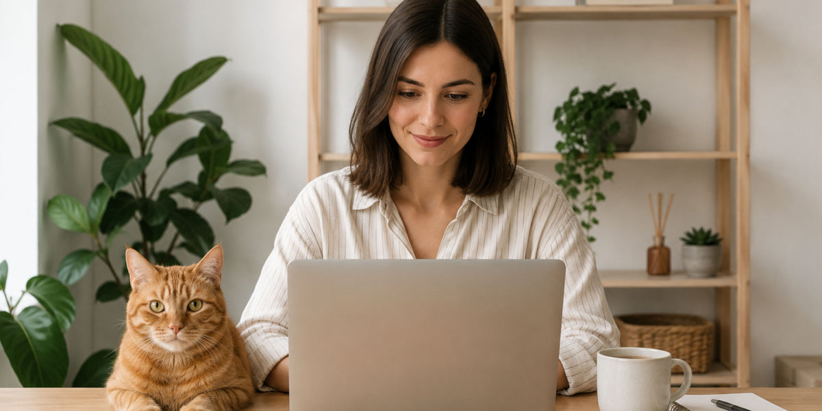 une femme devant son ordinateur qui commande des croquettes sur la meilleure boutique en ligne pour animaux alleva