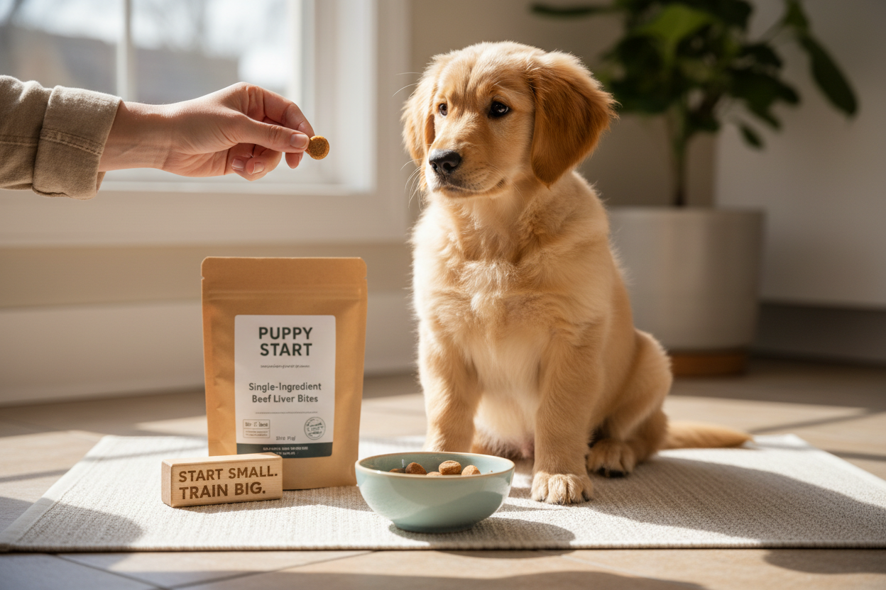 puppy treats, Introduce treats slowly into your puppy’s diet. Start with single or limited-ingredient options to reduce the risk of upsetting their developing digestive system and to help identify any sensitivities or allergies early on.